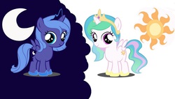 Size: 1600x908 | Tagged: safe, princess celestia, princess luna, g4, cewestia, filly, sisters, woona, younger