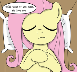 Size: 3729x3512 | Tagged: safe, artist:rainb0wdashie, fluttershy, ask lonershy, g4, coffin, eyes closed, female, funeral, high res, pillow, solo, speech bubble