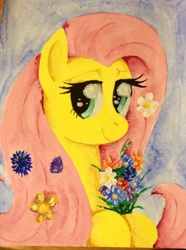 Size: 1490x1998 | Tagged: safe, artist:denigirl, fluttershy, g4, female, flower, solo, traditional art