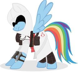 Size: 500x474 | Tagged: safe, rainbow dash, g4, assassin, assassin's creed, clothes, crossover, female, jpg artifacts, solo