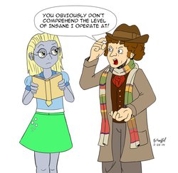 Size: 800x782 | Tagged: safe, artist:cartoon-eric, derpy hooves, human, g4, book, bright eyes (mirror universe), clothes, cravat, doctor who, duo, fourth doctor, fourth doctor's scarf, frock coat, glasses, humanized, mirror universe, necktie, pants, scarf, shirt, skirt, striped scarf, the doctor, tom baker, waistcoat