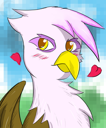 Size: 1000x1200 | Tagged: safe, artist:argoth, gilda, griffon, g4, blushing, bust, female, floating heart, heart, looking at you, solo, wings