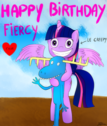 Size: 1500x1750 | Tagged: safe, artist:katsu, twilight sparkle, alicorn, pony, g4, bipedal, crossover, female, happy birthday, happy tree friends, heart, le, lumpy (happy tree friends), mare, this will end in tears and/or death, twilight sparkle (alicorn)