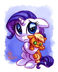 Size: 625x775 | Tagged: safe, artist:whitediamonds, applejack, rarity, earth pony, pony, unicorn, rarijack daily, g4, abstract background, applejack plushie, cute, female, filly, filly rarity, floppy ears, foal, frown, hug, lesbian, looking at you, plushie, raribetes, sad, sadorable, ship:rarijack, shipping, sitting, solo, tumblr, younger