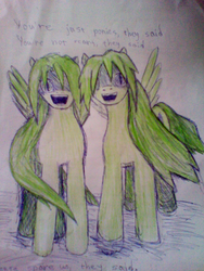 Size: 1536x2048 | Tagged: safe, artist:werewolf9098, duo, female, higurashi no naku koro ni, mion sonozaki, ponified, shion sonozaki, siblings, sisters, twin sisters, twins, when the cicadas cry