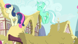 Size: 640x360 | Tagged: safe, edit, edited screencap, screencap, bon bon, lyra heartstrings, sweetie drops, earth pony, pony, unicorn, a friend in deed, g4, season 2, ^^, animated, bon bon is amused, bouncing, duo, duo female, eyes closed, female, happy, hopping, loop, lyra is amused, mare, multeity, rooftop, smile song