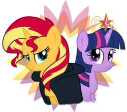 Size: 900x798 | Tagged: safe, artist:fluutters, sunset shimmer, twilight sparkle, alicorn, pony, unicorn, equestria girls, g4, big crown thingy, cloak, clothes, duo, duo female, female, mare, simple background, transparent background, twilight sparkle (alicorn)
