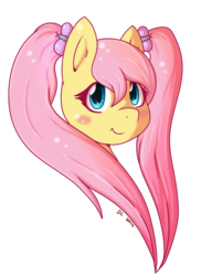 Size: 503x656 | Tagged: safe, artist:daikaluff, fluttershy, g4, alternate hairstyle, female, head, simple background, smiling, solo, transparent background, twintails