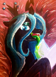 Size: 1890x2592 | Tagged: safe, artist:d-lowell, queen chrysalis, changeling, changeling queen, g4, crystal heart, female, licking, portrait, solo, traditional art
