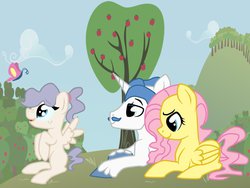 Size: 1032x774 | Tagged: safe, artist:hainebutt, fancypants, fluttershy, oc, butterfly, pegasus, pony, g4, apple tree, crack shipping, cute, family, fancyshy, female, filly, freckles, male, offspring, parent:fancypants, parent:fluttershy, parents:fancyshy, ponytail, shipping, straight, tree