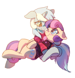 Size: 752x776 | Tagged: safe, artist:mewball, bon bon, lyra heartstrings, sweetie drops, earth pony, pony, unicorn, g4, adorabon, blushing, clothes, couple, cuddling, cute, female, floppy ears, lesbian, looking at each other, lyrabetes, on back, romantic, ship:lyrabon, shipping, simple background, sitting, smiling, snuggling, stars, sweater, transparent background, underhoof