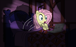 Size: 3752x2356 | Tagged: safe, artist:rainb0wdashie, fluttershy, ask lonershy, g4, computer, dark room, darkness, female, high res, laptop computer, shock, solo