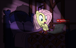 Size: 3752x2356 | Tagged: safe, artist:rainb0wdashie, fluttershy, ask lonershy, g4, bed, computer, dark room, darkness, followers, high res, laptop computer, shock