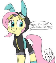 Size: 4337x4896 | Tagged: safe, artist:meowing-ghost, angel bunny, fluttershy, pegasus, pony, g4, absurd resolution, bunny ears, clothes, costume, cute, dangerous mission outfit, female, goggles, hoodie, mare, simple background, smiling, white background