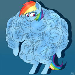 Size: 1280x1280 | Tagged: safe, artist:baronbulge, rainbow dash, g4, bigorexic, blank flank, female, fetish, muscle fetish, muscles, overdeveloped muscles, rainbuff dash, solo, someone got their idea of muscle definition from akira, vein