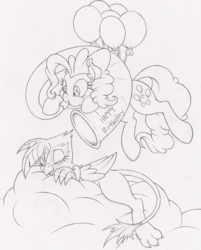 Size: 644x800 | Tagged: safe, artist:dfectivedvice, gilda, pinkie pie, griffon, g4, balloon, cloud, floating, grayscale, happy birthday, monochrome, sleeping, then watch her balloons lift her up to the sky, this will end in tears