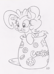 Size: 583x800 | Tagged: safe, artist:dfectivedvice, pinkie pie, g4, cookie, cookie jar, cookie jar pony, cute, diapinkes, female, grayscale, monochrome, solo