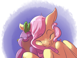 Size: 1280x960 | Tagged: safe, artist:imsokyo, fluttershy, spike, dragon, pegasus, pony, daily sleeping spike, g4, baby, baby dragon, cuddling, cute, duo, duo male and female, eyes closed, female, male, mare, simple background, sleeping, smiling, snuggling, spikabetes, spikelove, tumblr