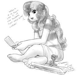 Size: 1231x1199 | Tagged: safe, artist:alloyrabbit, button mash, sweetie belle, human, pony, g4, barefoot, clothes, cute, feet, gamer belle, giantess, grayscale, humanized, macro, micro, monochrome, nintendo ds, size difference, skirt, soles, tiny ponies, video game