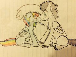 Size: 1024x768 | Tagged: safe, artist:pimpartist101, rainbow dash, soarin', g4, blank flank, crying, female, lined paper, male, ship:soarindash, shipping, sitting, straight, traditional art