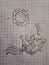 Size: 667x889 | Tagged: safe, artist:darkflame75, princess luna, alicorn, pony, lunadoodle, g4, cute, eyes closed, filly, floppy ears, graph paper, levitation, magic, monochrome, moon, sketch, smiling, telekinesis, traditional art, woona