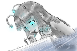 Size: 1177x785 | Tagged: dead source, safe, artist:alloyrabbit, oc, oc only, oc:anon, oc:orchid, human, monster girl, cute, female, glowing eyes, humanized, macro, male, touch, water