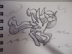 Size: 1280x960 | Tagged: safe, artist:karlaandbliss, princess luna, lunadoodle, g4, eyes closed, female, flying, happy, ink, monochrome, paper, photo, sketch, solo, traditional art