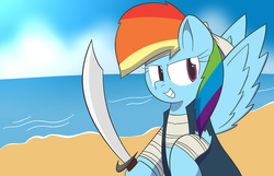 Size: 1280x823 | Tagged: safe, artist:cooper, rainbow dash, g4, beach, female, solo, sword, weapon