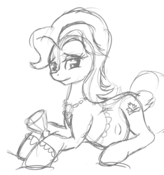 Size: 1810x1936 | Tagged: safe, artist:patch, amethyst gleam, ammie thyst, g4, belly, crystal chalice stand pony, cup, kicking, looking back, monochrome, pregnant, sketch, solo