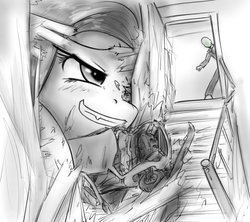 Size: 993x883 | Tagged: safe, artist:alloyrabbit, fluttershy, oc, oc:anon, pony, g4, car, creepy, giant pony, giantess, macro, stairs