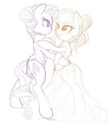 Size: 828x966 | Tagged: safe, artist:hawthornss, applejack, rarity, g4, clothes, dancing, female, lesbian, ship:rarijack, shipping, sketch