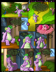 Size: 1165x1500 | Tagged: safe, artist:kitsuneyoukai, pinkie pie, spike, dragon, earth pony, pony, comic:a spike in confidence, g4, butt, curled up, dialogue, explicit source, female, male, mare, monologue, motivation, talking, wingless spike