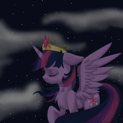 Size: 3000x3000 | Tagged: safe, artist:mephysta, twilight sparkle, alicorn, pony, g4, cloud, cloudy, crown, crying, female, high res, mare, night, sad, stars, twilight sparkle (alicorn)