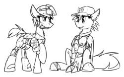 Size: 2000x1237 | Tagged: safe, artist:ralek, oc, oc only, oc:frosty winds, oc:riverbed ransom, fallout equestria, fallout equestria: memories, armor, collar, enclave, monochrome, powered exoskeleton
