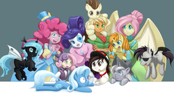 Size: 1920x1080 | Tagged: safe, artist:dstears, applejack, fluttershy, pinkie pie, pound cake, princess luna, pumpkin cake, rarity, sweetie belle, trixie, oc, oc:egophiliac, oc:imogen, oc:sunshine smiles (egophiliac), bat pony, changeling, human, pony, robot, moonstuck, slice of pony life, steamquestria, g4, artist, cartographer's cap, changeling oc, egophiliac, eyepatch, filly, frown, hat, heart, holding a pony, humanized, inconvenient trixie, mouth hold, open mouth, ponysona, smiling, steampunk, tribute, wallpaper, wide eyes, woona