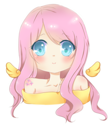 Size: 1893x2143 | Tagged: safe, artist:flamyxchan, fluttershy, human, g4, anime, bust, clothes, colored pupils, cute, female, floating wings, humanized, off shoulder, portrait, shyabetes, solo, winged humanization, wings