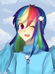 Size: 772x1035 | Tagged: safe, artist:hanamay8, rainbow dash, human, g4, fangs, female, humanized, pixiv, solo, winged humanization