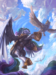 Size: 975x1300 | Tagged: safe, artist:assasinmonkey, princess celestia, griffon, first contact war, g4, armor, chainmail, detailed, epic, fight, flying, low angle, majestic, perspective, sky, spread wings, vertigo
