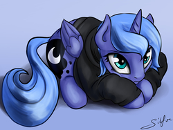 Size: 1872x1408 | Tagged: safe, artist:silfoe, princess luna, alicorn, pony, lunadoodle, g4, clothes, crouching, cute, female, filly, frown, hoodie, looking at you, looking up, lunabetes, mare, prone, s1 luna, silfoe is trying to murder us, solo, squishy cheeks, sweater, weapons-grade cute, woona