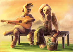 Size: 3035x2149 | Tagged: safe, artist:audrarius, applejack, fluttershy, anthro, unguligrade anthro, g4, basket, bench, blushing, clothes, female, floppy ears, guitar, high res, lesbian, lidded eyes, open mouth, ship:appleshy, shipping, singing, sitting, smiling, sunset