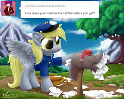 Size: 1000x800 | Tagged: safe, artist:symbianl, derpy hooves, pegasus, pony, ask pun, g4, ask, clothes, cute, derp, female, frown, hat, letter, mail, mailbag, mailbox, mailmare, mare, scrunchy face, solo, spread wings, tree, tumblr
