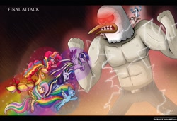 Size: 1280x877 | Tagged: safe, artist:the-butch-x, applejack, fluttershy, pinkie pie, rainbow dash, rarity, twilight sparkle, alicorn, pony, g4, crossover, female, male, mare, mecha duck, mordecai, mordecai and rigby, rainbow power, regular show, rigby (regular show), twilight sparkle (alicorn)