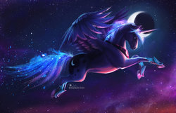 Size: 1280x823 | Tagged: dead source, safe, artist:shobey1kanoby, princess luna, alicorn, pony, g4, female, flying, moon, night, realistic, realistic anatomy, realistic horse legs, solo, stars