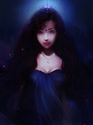 Size: 900x1203 | Tagged: safe, artist:meirou, princess luna, human, g4, backlighting, bindi, cleavage, female, front view, full face view, humanized, necklace, night, portrait, realistic, solo, tiara