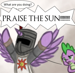 Size: 755x735 | Tagged: safe, artist:gennbu, spike, twilight sparkle, alicorn, pony, g4, crossover, dark souls, disguise, female, mare, praise the sun, solaire of astora, twilight sparkle (alicorn)