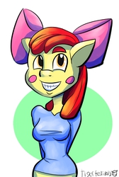 Size: 900x1343 | Tagged: safe, artist:tigerfestivals, apple bloom, earth pony, anthro, g4, blushing, clothes, face, female, grin, older, shirt, smiling, solo, uncanny valley