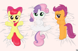 Size: 1929x1278 | Tagged: safe, artist:fromamida, apple bloom, scootaloo, sweetie belle, g4, bedsheets, belly button, cutie mark crusaders, female, filly
