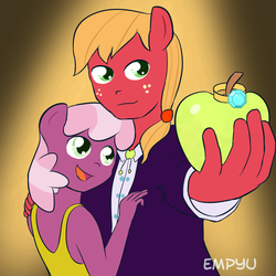 Size: 1000x1000 | Tagged: safe, artist:empyu, big macintosh, cheerilee, earth pony, anthro, g4, 45 minute art challenge, apple, classy, clothes, dress, engagement ring, female, male, ship:cheerimac, shipping, straight