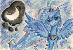 Size: 1972x1364 | Tagged: safe, artist:bizon880, princess luna, g4, female, looking at you, smirk, solo, spread wings, traditional art, watercolor painting