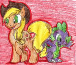 Size: 1137x967 | Tagged: safe, artist:confiscatedretina, artist:krazykari, applejack, spike, g4, raised hoof, smiling, traditional art